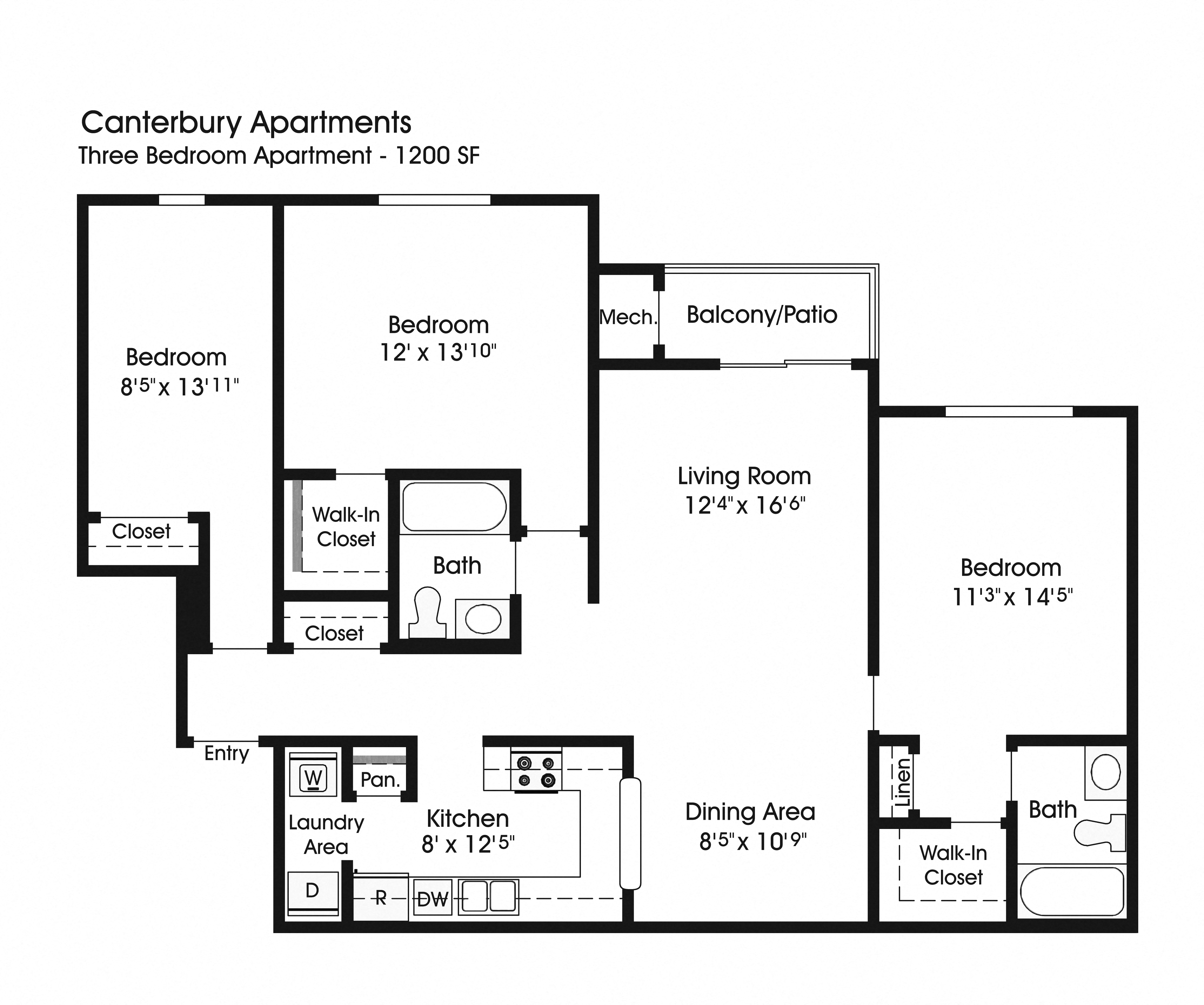 Floor plan for 3 beds, 2 baths, 1200 sqft